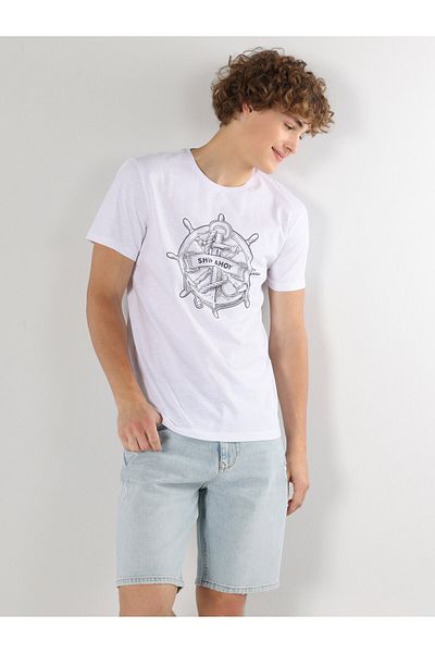 Colin's Tricou alb cu mânecă scurtă pentru bărbați cu decolteu rotund - Regular Fit Cl 1062489