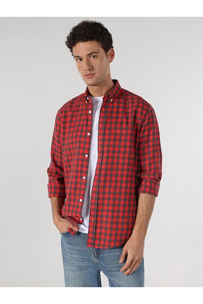 Colin's Men's Red Long Sleeve Shirt - Regular Fit, Checkered Cl 1061786