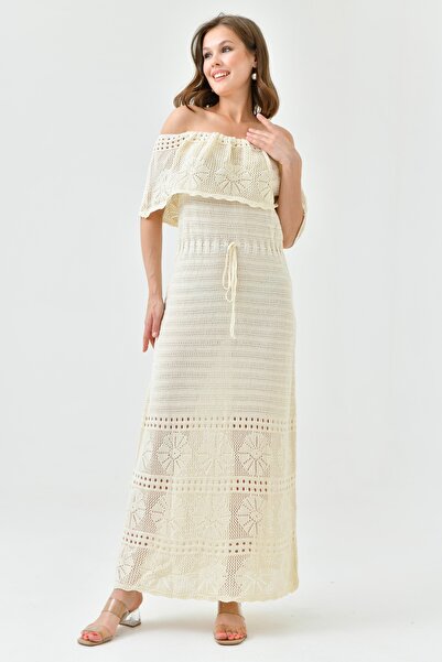 lovebox Πλεκτό ύφασμα μέσης χωρίς φόδρα Midi Μήκος Αμάνικο Στράπλες Γιακάς Καλοκαιρινό Μπεζ Φόρεμα με κροσέ 24Y2713