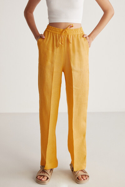 GRIMELANGE Aılna Women - 100% Linen, Relaxed Fit, Elastic Waist Yellow Trousers