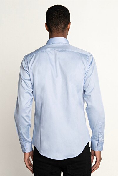 Tudors Slim Fit Uzun Kollu Koton Saten Premium Seri Erkek Mavi Gömlek