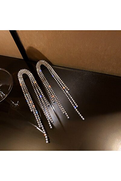 Classy Kristal Taşlı Küpe, Püsküllü Sallantılı Su Yolu Küpe, Abiye Küpe