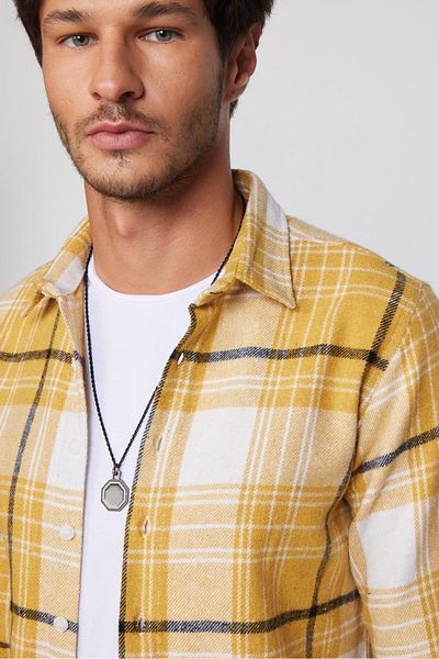 Tudors Slim Fit Μακρυμάνικο Slim Fit Checked Winter Ξυλοκόπος κίτρινο-λευκό ανδρικό πουκάμισο