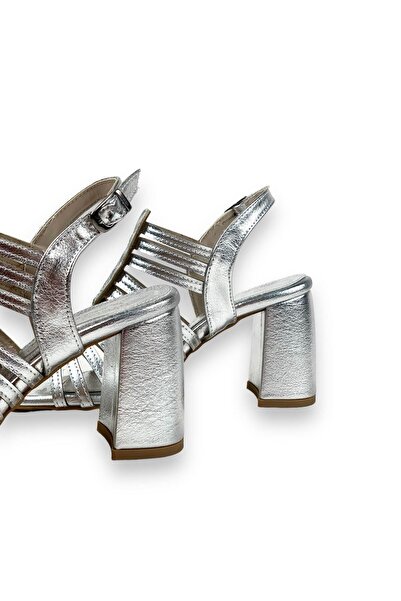 bescobel Women's Perta Silver Thick High Heel Shoes Sandals 9 cm 102