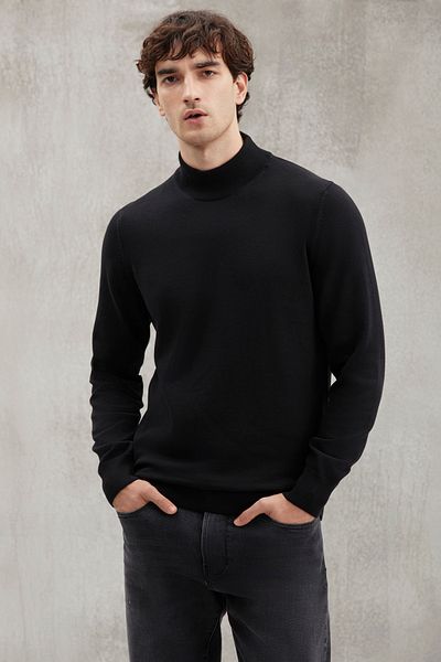 GRIMELANGE Cesare Herrenpullover aus 50 % Baumwolle, spezieller Seidengriff, Anti-Pilling, weich, schwarzer Stehkragen