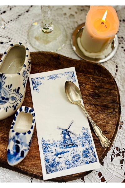 Antique Dream Blue Blanc Delft Hollanda Değirmeni Garson Katlama Sunum Peçete...