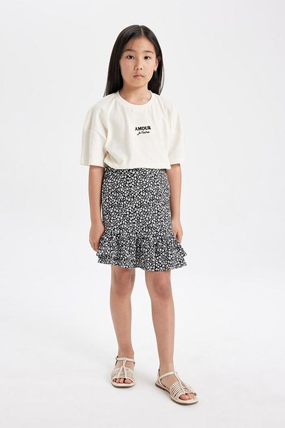 DeFacto Girls' Set of 2 Crew Neck Printed Short Sleeve T-Shirt Floral Skirt C5354A824Hs