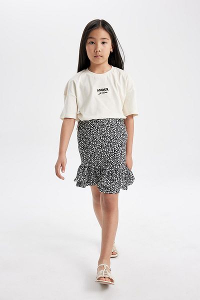 DeFacto Girls' Set of 2 Crew Neck Printed Short Sleeve T-Shirt Floral Skirt C5354A824Hs