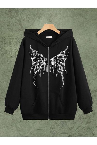Boi Y2K Butterfly printed Loose Fit Ζακέτα με φερμουάρ - Μαύρη εμπριμέ μεγάλη κουκούλα με τσέπη