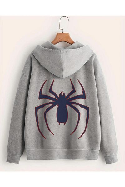 Boi Big Spider Sweatshirt Zippered Cardigan - Gray Printed Oversize Pocket Winter Hoodie