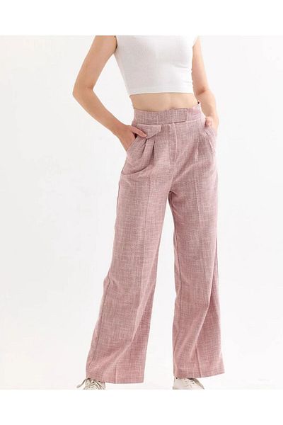 ubmbutik Women's Trousers - High Waist - Linen Fabric - Velcro Palazzo Trousers