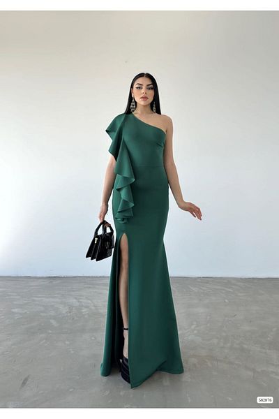 Varyete Flywheel Design Asymmetrical Collar Slit Maxi Length Scuba Fabric Evening Dress Wedding Engagement Promise Graduation