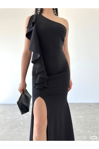 Varyete Volan Tasarım Asimetrik Yaka Yırtmaçlı Maxi Boy Scuba Kumaş Abiye Elbise Düğün Nişan Söz Mezuniyet