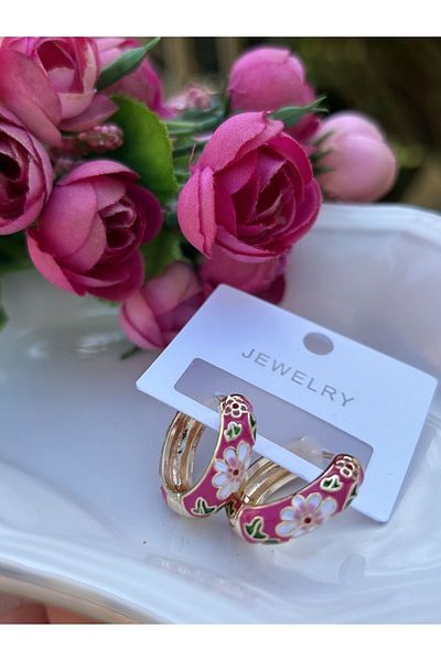 ByMerve Bym272 Vintage Flower Patterned Enamel Pink Hoop Model Women's Steel Earrings