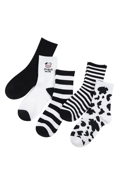 çorapmanya Kadın 5 Çift Siyah Beyaz Inek Desenli Çizgili Tenis Çorabı