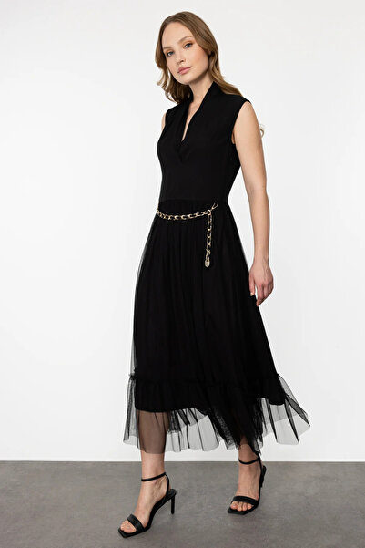 Ekol V Yaka Zincir Kemerli Siyah Kadın  Elbise 4084-2Y4