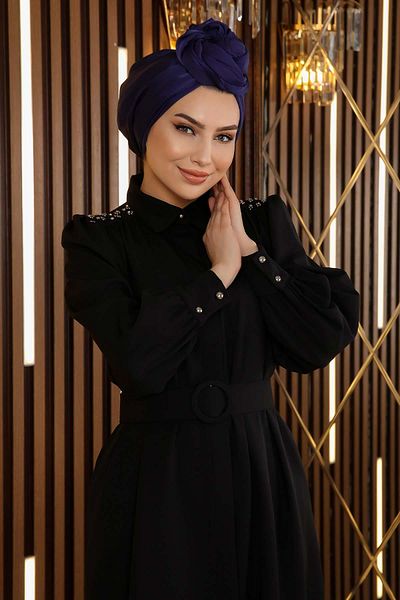 Modamihram Stone Detailed Belted Dress Black 19115