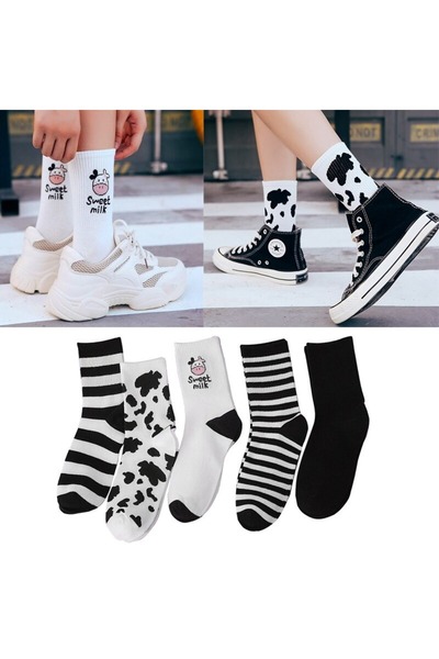 çorapmanya Kadın 5 Çift Siyah + Beyaz Inek Desenli Çizgili Tenis Çorabı