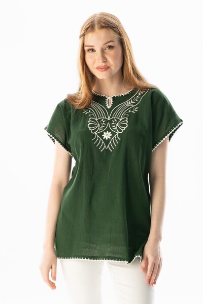 Eliş Şile Bezi Short Sleeve Sile Cloth Naz Summer Blouse Green Ysl
