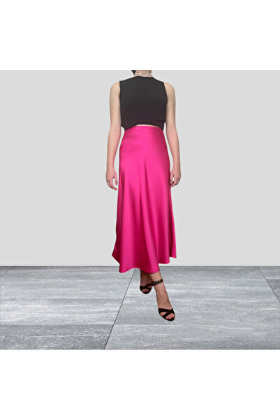 ABAS Fuşya Pembe Saten Yüksek Bel Midi Boy Etek