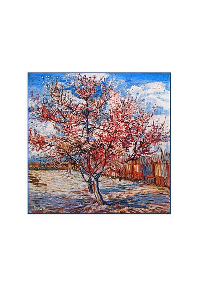 Bursa İpek Peach Tree Patterned Blue Silk Handkerchief