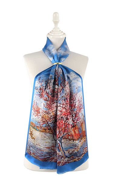 Bursa İpek Blue Peach Tree Pattern Silk Scarf