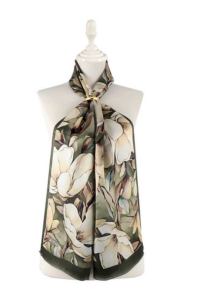Bursa İpek Silk Scarf - Khaki Daffodil Patterned