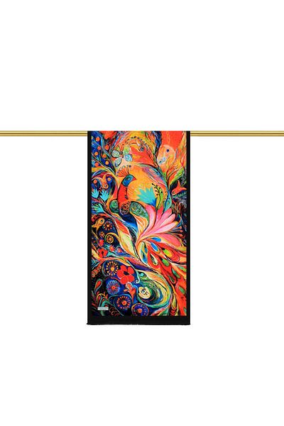 Bursa İpek Peacock Patterned Red Silk Scarf