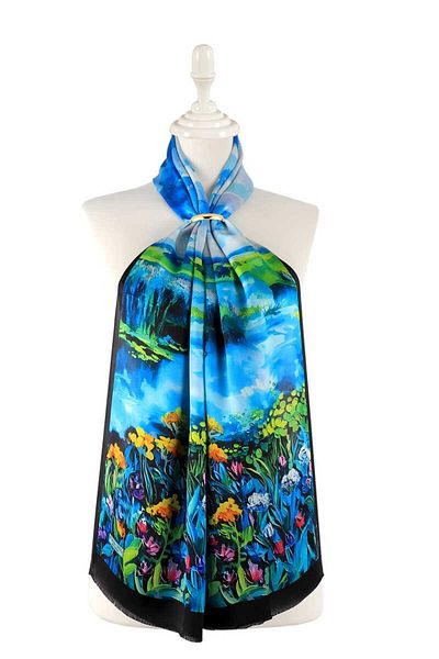 Bursa İpek Green Silk Scarf - Landscape Patterned