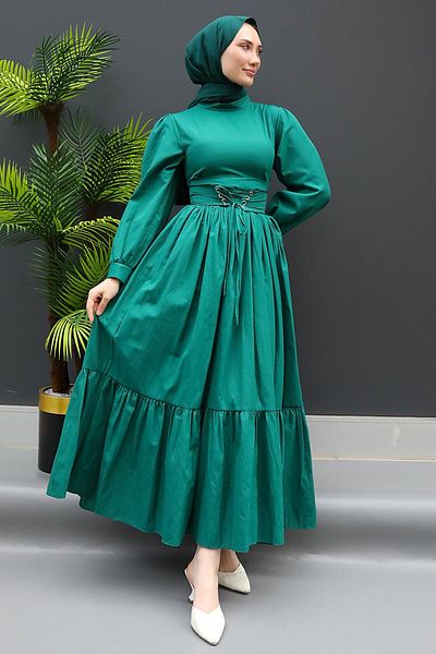 GİZ AGİYİM Waist Detail Hijab Dress Emerald