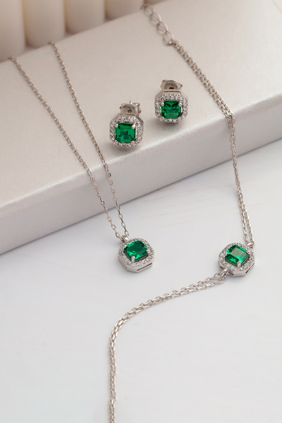 Else Silver 925 Ayar Kare Baget Taşlı Gümüş Takı Seti