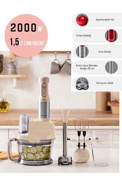 Karaca Mastermaid Premium Pro 2000W Food Processor with Stainless Steel Blade, Soft Cream