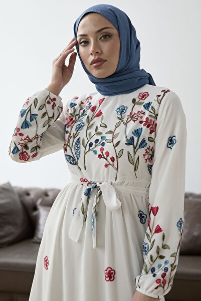 InStyle Mixed Flower Embroidered Chiffon Dress - White