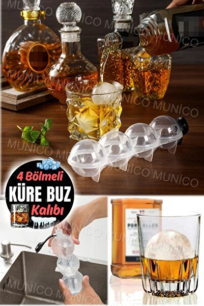 Munico 3 Adet Viski Büyük Boy Top 4'lü Küre Buz Topu Kalıbı Yuvarlak İçecek B...