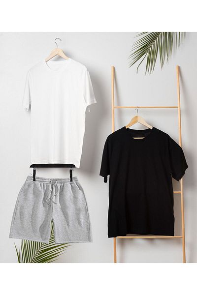 LAND MODA Unisex Shorts T-Shirt Set And Black T-Shirt