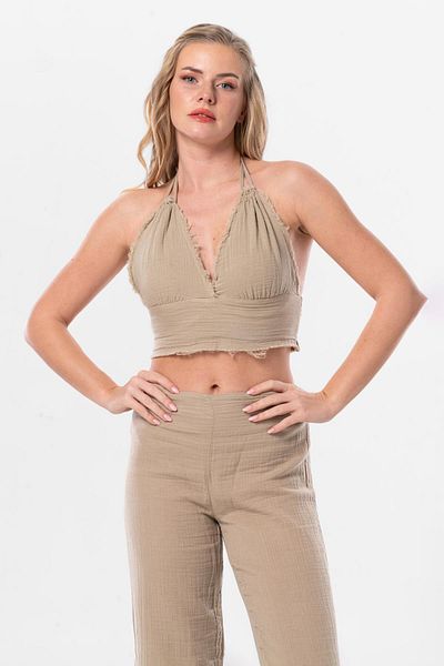 Eliş Şile Bezi Summer Muslin Bustier with Göcek Binding Detail Mink Vzn