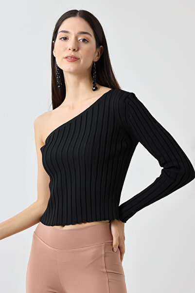 Devinka Γυναικεία Πλεκτή Μπλούζα με έναν ώμο πάνω από τη μέση Μαύρη