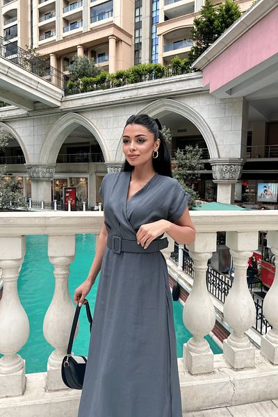 giyimmasalı Modal Fabric Double Breasted Collar Midi Dress - ANTHRACITE
