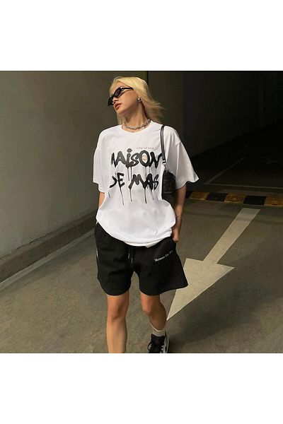 Mythologie Maison Design T-Shirt Shorts Combined Set - Λευκό Μαύρο με στάμπα Oversize Crew Neck