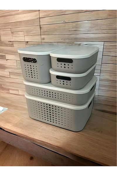 Bayev Bubble Set of 5 Cream, with Lid, In-Cabinet Organizer Box, Storage Box