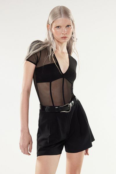 Trendyol Collection Body din tul tricotat cu detalii, negru, transparent - Artificial Wit TPRSS24BD00020