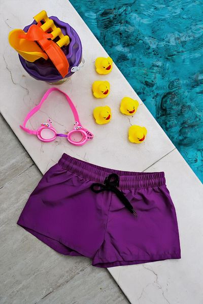 Mayom Girl's Purple Patternless Plain Waist Lace-up Swim Shorts