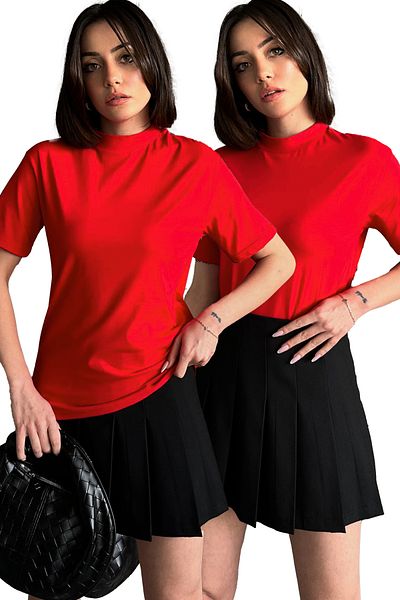 Slim'N Lift 100% Cotton Red Stand Collar 2 Pack Basic Knitted T-shirt