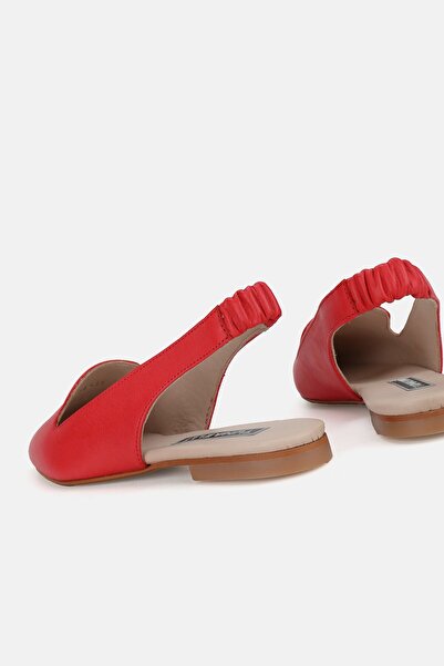 TUNAELLİ Women's Red Genuine Natural Leather Open Sandals - Ballerinas