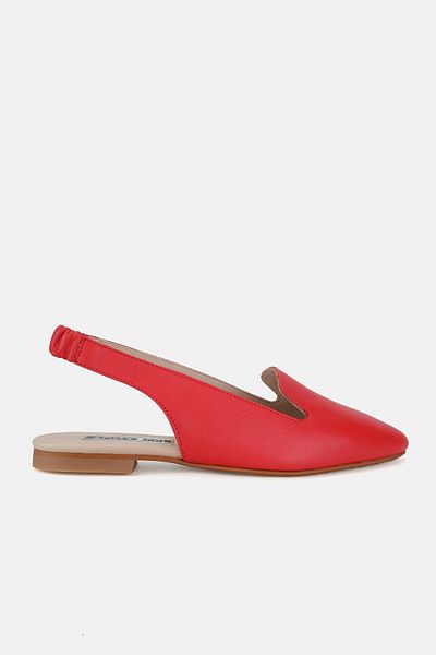 TUNAELLİ Women's Red Genuine Natural Leather Open Sandals - Ballerinas