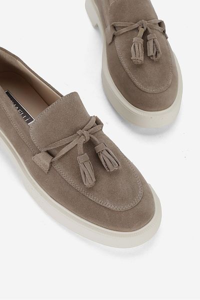 TUNAELLİ Γυναικείο Loafer Beige Suede - Γνήσιο φυσικό δέρμα και φούντα