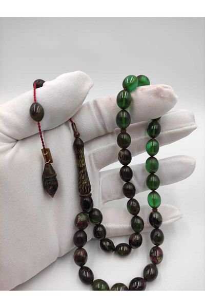 ALTUNTAŞ USTA Black and Green Hooded Sikma Amber Prayer Beads - Detailed with Workmanship