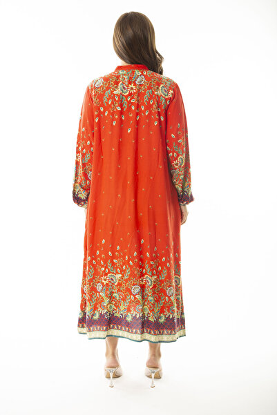 Şans Women's Large Size Red Woven Viscose Fabric Front Buttoned Long Sleeve Dress 65N36871