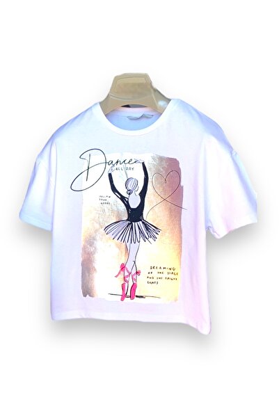 LİTTLE TORTOİSE تي شيرت راقصة الباليه للفتيات باللون الأبيض مع تفاصيل طباعة ل...