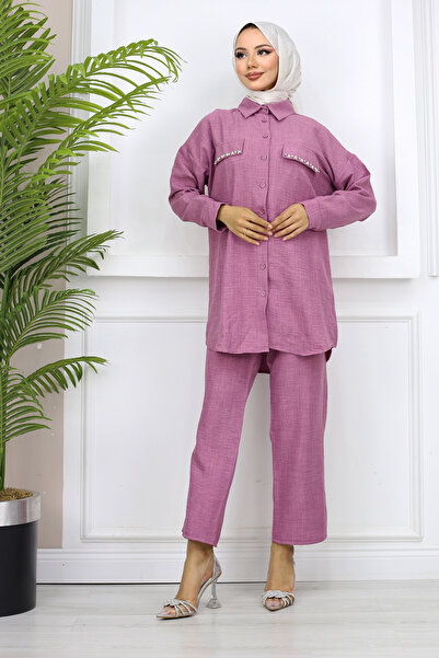 Bold Grup Γυναικεία Καλύμματα Τσέπης Πέρλες Διακοσμημένο Λινό Διπλό Πουκάμισο Σετ Παντελόνι